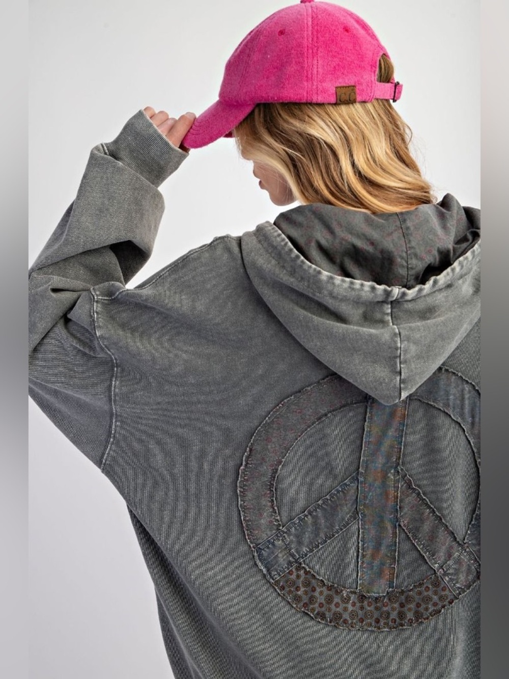 Easel Heart and Soul Peace Sign Patchwork Terry Hoodie in Ash small